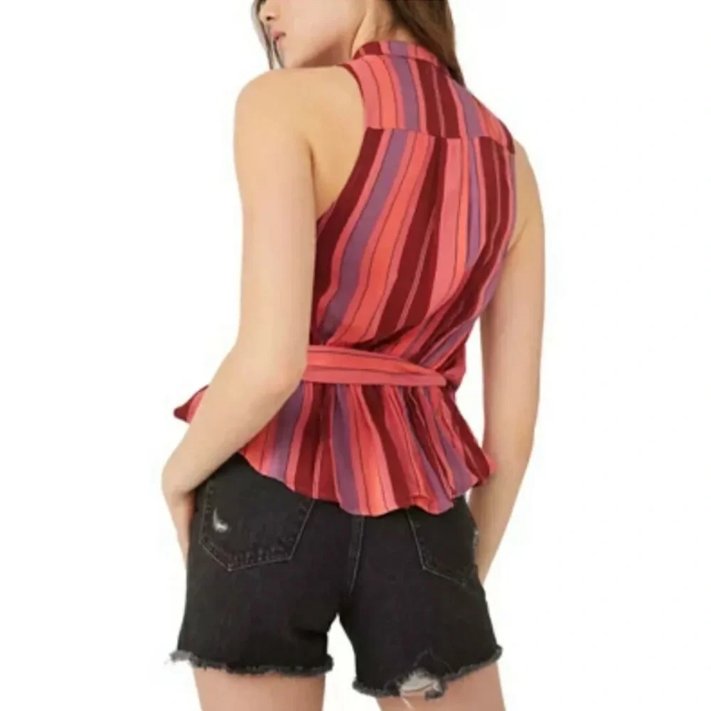 Free People Mackenzie Striped Sleeveless Tie Wrap Multicolor Top Shirt medium